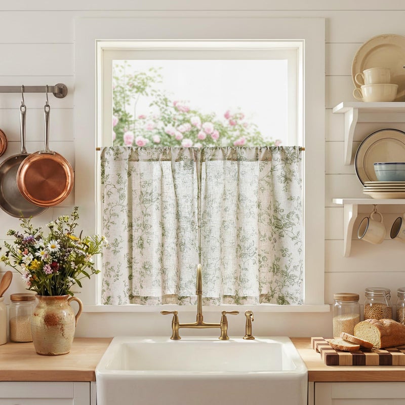 jinchan Amlie Floral Kitchen Curtains 30 Inch Length Linen Cafe Curtains Small Window Drapes Light Filtering Botanical Farmhouse for Bedroom Bathroom Rod Pocket 2 Panels Sage Green on Linen - Image 1