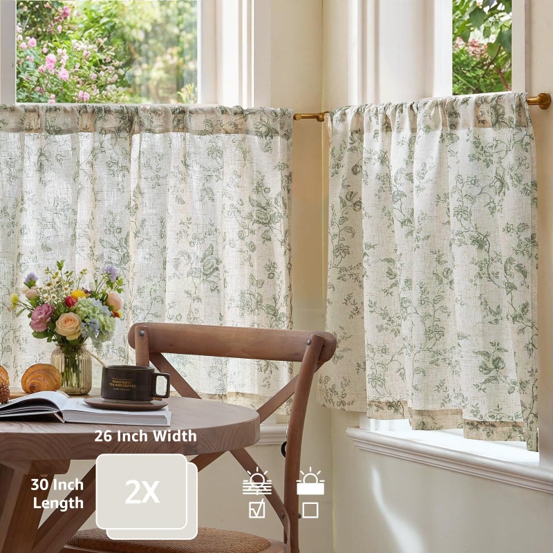 jinchan Amlie Floral Kitchen Curtains 30 Inch Length Linen Cafe Curtains Small Window Drapes Light Filtering Botanical Farmhouse for Bedroom Bathroom Rod Pocket 2 Panels Sage Green on Linen - Image 5
