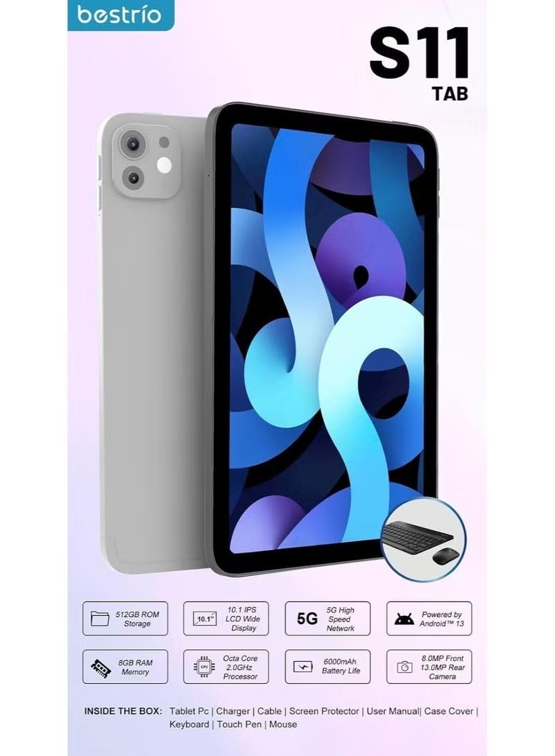 BESTRIO تابلت S11 بحجم 10.1 بوصة 5G أندرويد 13، 8 جيجابايت رام 512 جيجابايت تخزين، ثماني النواة 2.0 جيجاهرتز، تابلت واي فاي مع لوحة مفاتيح وفأرة، شاشة عالية الدقة، جهاز للإنتاجية والترفيه - Image 3