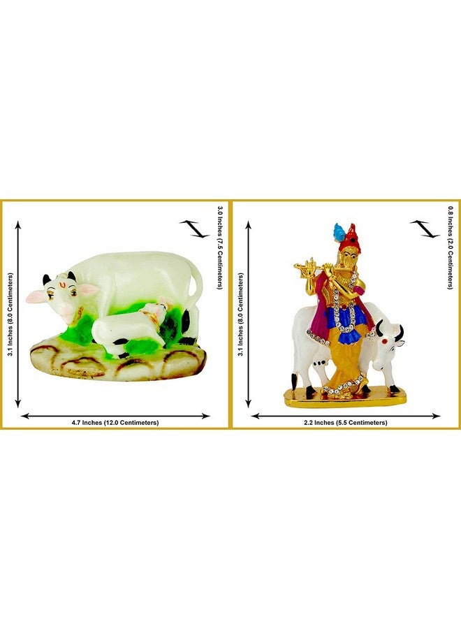 LE Kamdhenu Cow with Calf (Resin) and Krishna Antique Finish (Metal) Religious Idol-Statue for Vastu Gift and Car (White, Multicolor) - Image 4