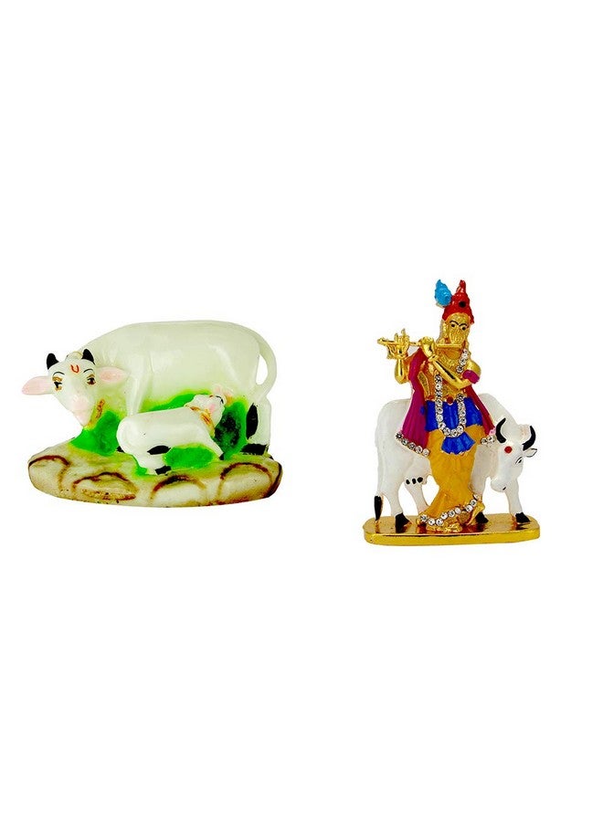 LE Kamdhenu Cow with Calf (Resin) and Krishna Antique Finish (Metal) Religious Idol-Statue for Vastu Gift and Car (White, Multicolor) - Image 1