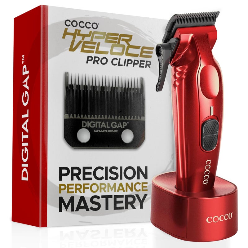 Cocco Hyper Veloce Pro Clipper Digital Gap Ambassador Graphene Taper Blade Professional Hair Clippers HighTorque BLDC Motor AllMetal Cordless Charging Station Included Red - Image 2