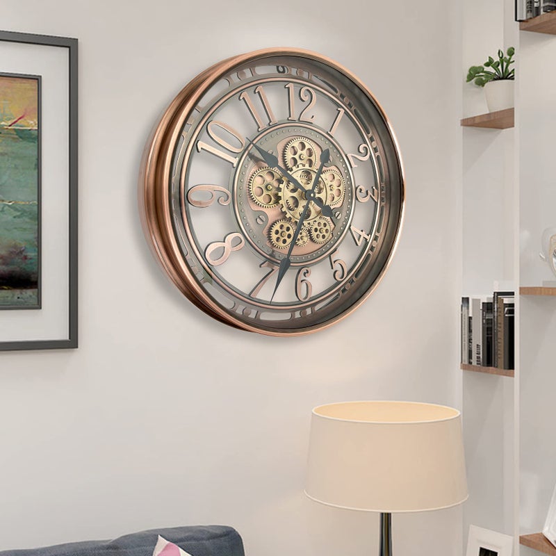 DORBOKER Real Moving Gears Wall Clock Large Modern Metal Clocks for Living Room Decor, Industrial Steampunk Unique Vintage Rustic Decorative Clock for Home Farmhouse Office, 21 Inch Red Copper Arabic - Image 2