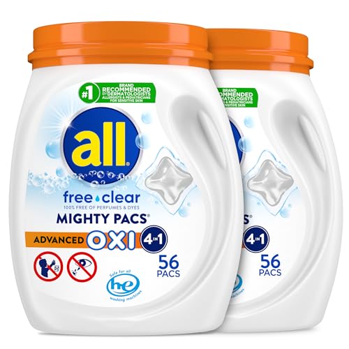 all free clear, Advanced OXI, MIGHTY PACS, Laundry Detergent Pacs, Stainfighting, Unscented and Hypoallergenic for Sensitive Skin, 56 Count (Pack of 2) - Image 4
