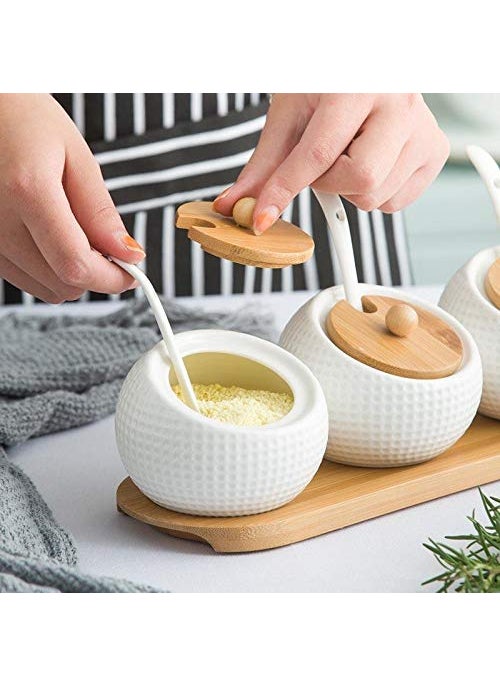Leeonz - Leeonz Ceramic Condiment Jar Spice Container With Bamboo Lid,Porcelain Spoon,Wooden Tray,Set Of 3,White,200Ml, Perfect Spice Storage For Home,Kitchen,Counter, Beige - Image 1