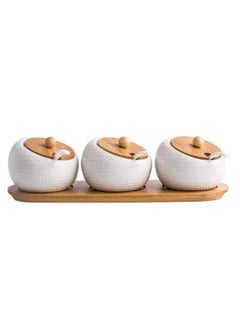 Leeonz Ceramic Condiment Jar Spice Container With Bamboo Lid,Porcelain Spoon,Wooden Tray,Set Of 3,White,200Ml, Perfect Spice Storage For Home,Kitchen,Counter, Beige