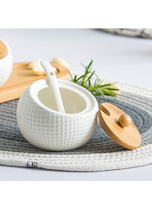 Leeonz - Leeonz Ceramic Condiment Jar Spice Container With Bamboo Lid,Porcelain Spoon,Wooden Tray,Set Of 3,White,200Ml, Perfect Spice Storage For Home,Kitchen,Counter, Beige - Image 1