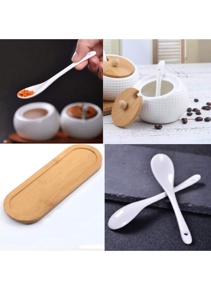 Leeonz - Leeonz Ceramic Condiment Jar Spice Container With Bamboo Lid,Porcelain Spoon,Wooden Tray,Set Of 3,White,200Ml, Perfect Spice Storage For Home,Kitchen,Counter, Beige - Image 1