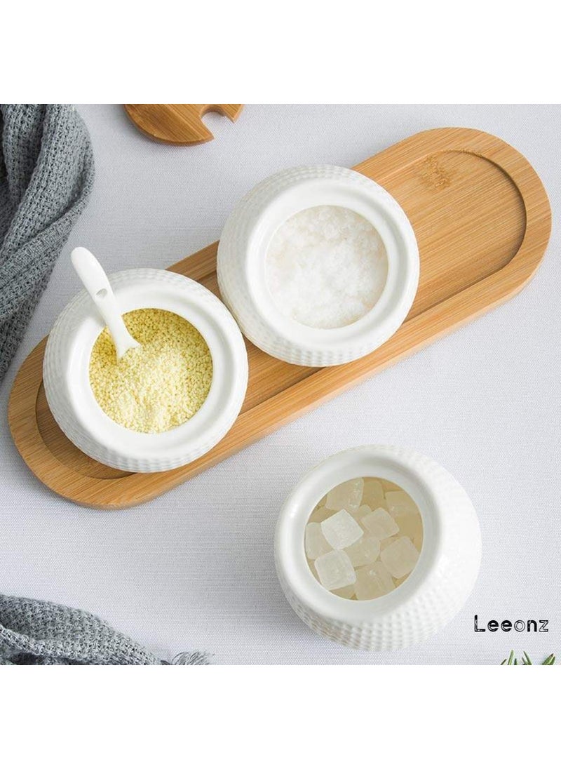 Leeonz - Leeonz Ceramic Condiment Jar Spice Container With Bamboo Lid,Porcelain Spoon,Wooden Tray,Set Of 3,White,200Ml, Perfect Spice Storage For Home,Kitchen,Counter, Beige - Image 1
