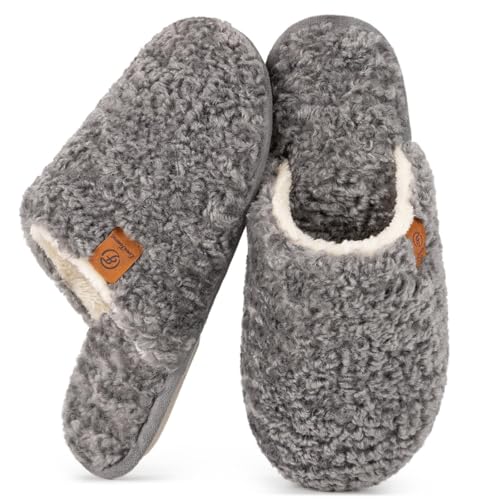 EverFoams Women's Fuzzy Slip-on Slippers Warm Cozy Soft Lightweight Memory Foam Indoor House Shoes Light Gray, 5-6 US - Image 1