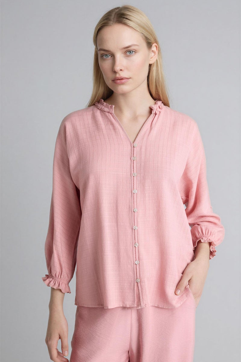 DeFacto Pink Woman V-Neck Long Sleeve Shirt Casual - Image 5