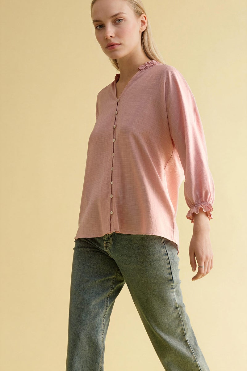 DeFacto Pink Woman V-Neck Long Sleeve Shirt Casual - Image 3