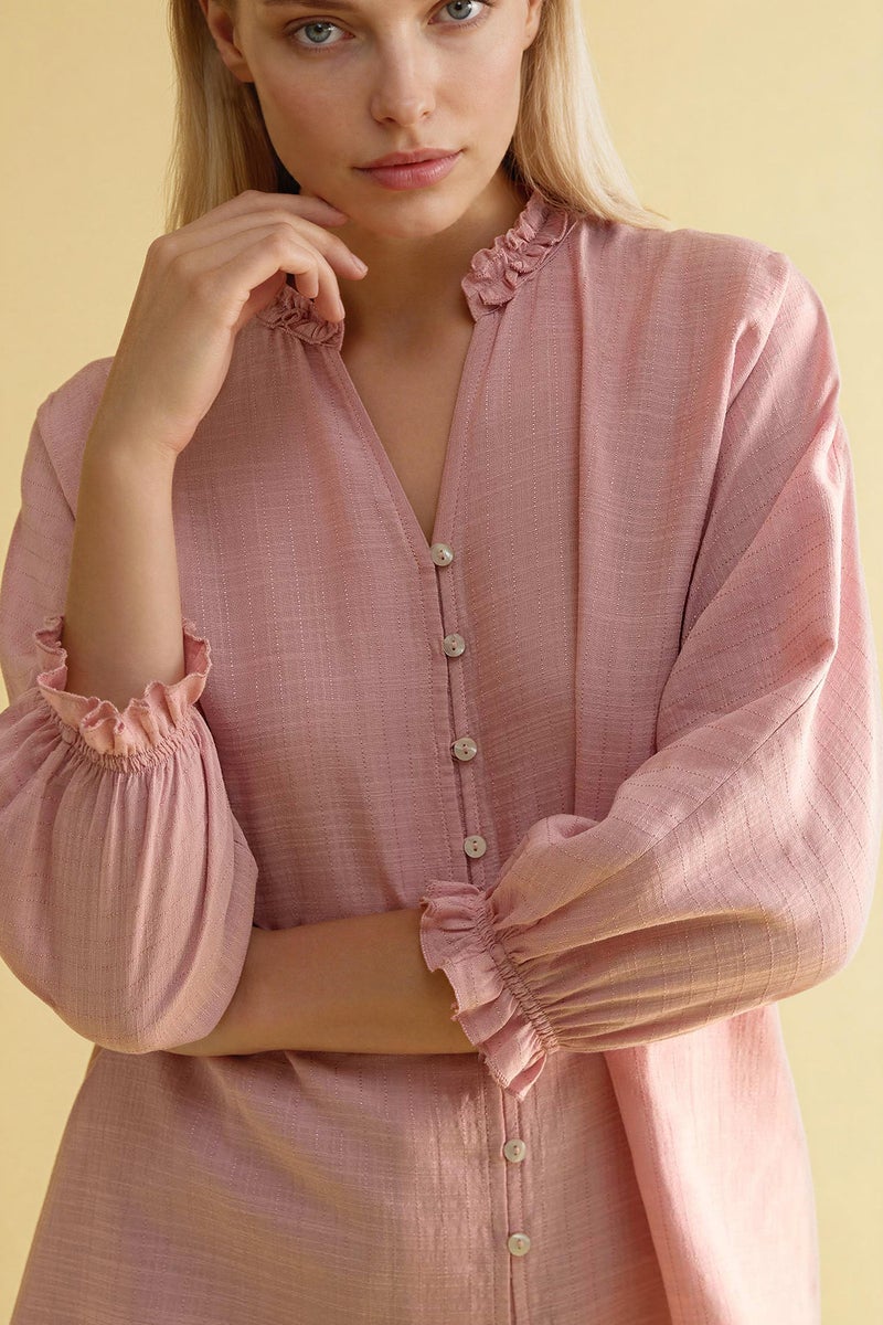 DeFacto Pink Woman V-Neck Long Sleeve Shirt Casual - Image 4