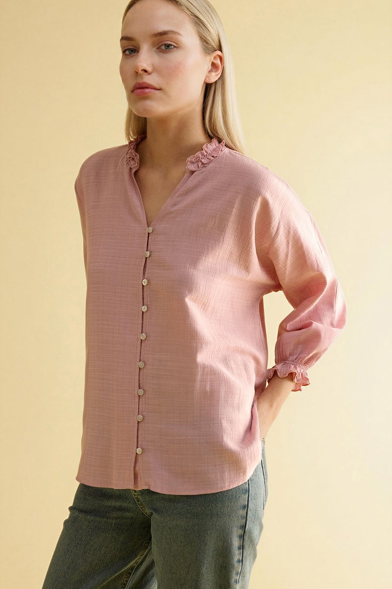 DeFacto Pink Woman V-Neck Long Sleeve Shirt Casual - Image 1
