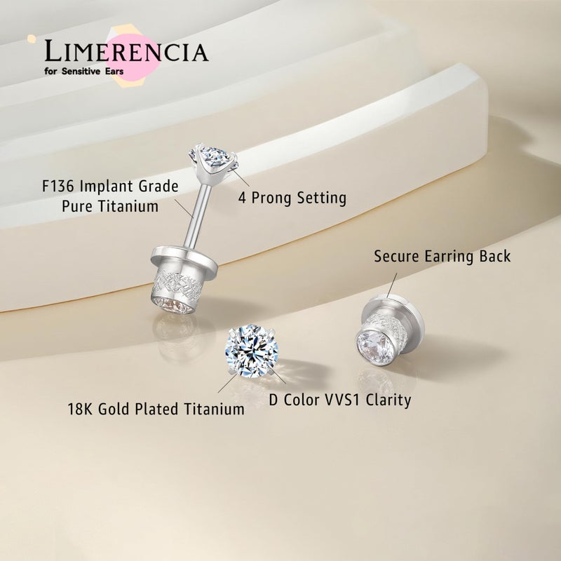 Limerencia Moissanite Stud Earrings, F136 Titanium Screw Back Earrings, D Color VVS1 Clarity Lab-created Moissanite Earrings, Hypoallergenic G23 Pure Titanium for Women Men Sensitive Ears - Image 3