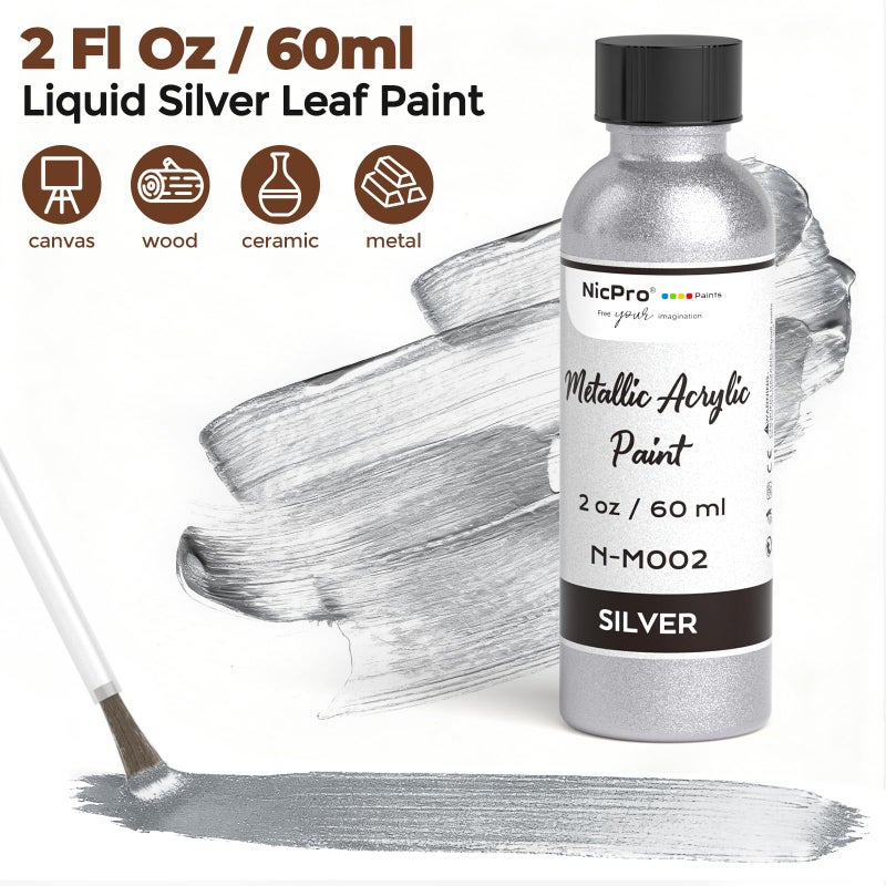 Nicpro Liquid Silver Leaf Paint Kit (2 Ã— 2oz/60ml), Metallic Silver Acrylic Paint & Varnish for High Gloss Finish, Non Toxic Non Fading Shiny Chrome Paint for Crafts, Metal, Wood, DIY Decor Resin Art - Image 2