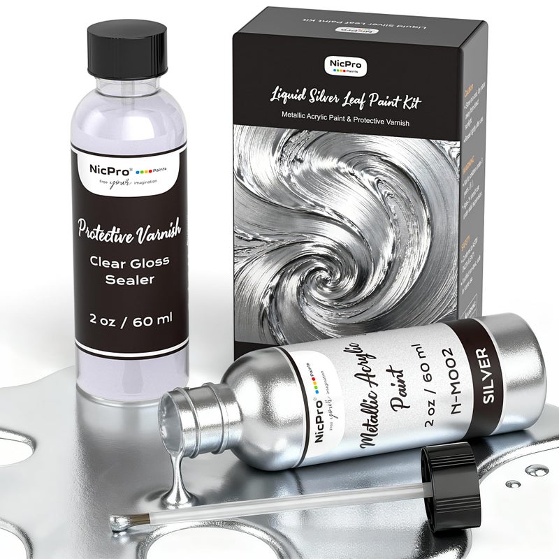 Nicpro Liquid Silver Leaf Paint Kit (2 Ã— 2oz/60ml), Metallic Silver Acrylic Paint & Varnish for High Gloss Finish, Non Toxic Non Fading Shiny Chrome Paint for Crafts, Metal, Wood, DIY Decor Resin Art - Image 1