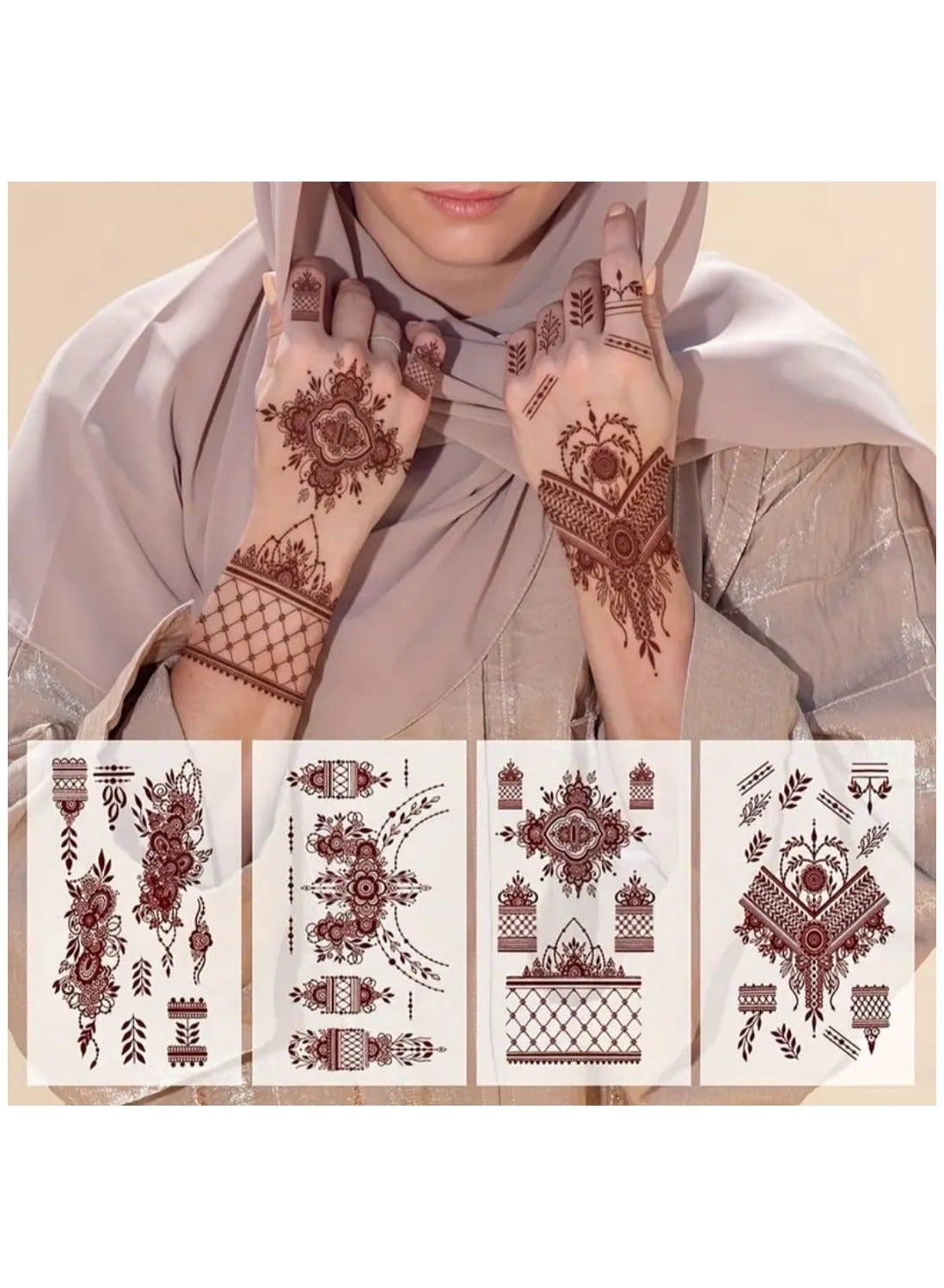4 Pack Red Henna Temporary Tattoos, Lace & Mandala Floral Patterns, Oblong Body Art Stickers For Hands, Chest, Abdomen, Back