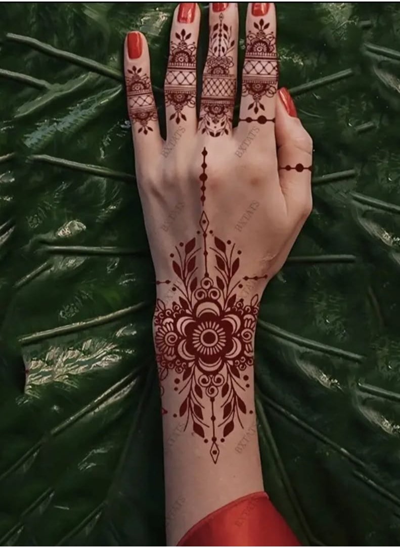 BOLREUS - 4 Pack Red Henna Temporary Tattoos, Lace & Mandala Floral Patterns, Oblong Body Art Stickers For Hands, Chest, Abdomen, Back - Image 1