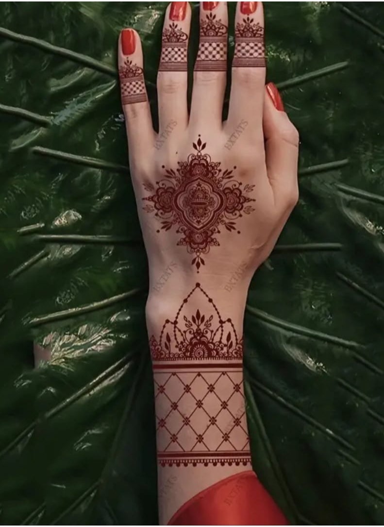 BOLREUS - 4 Pack Red Henna Temporary Tattoos, Lace & Mandala Floral Patterns, Oblong Body Art Stickers For Hands, Chest, Abdomen, Back - Image 1