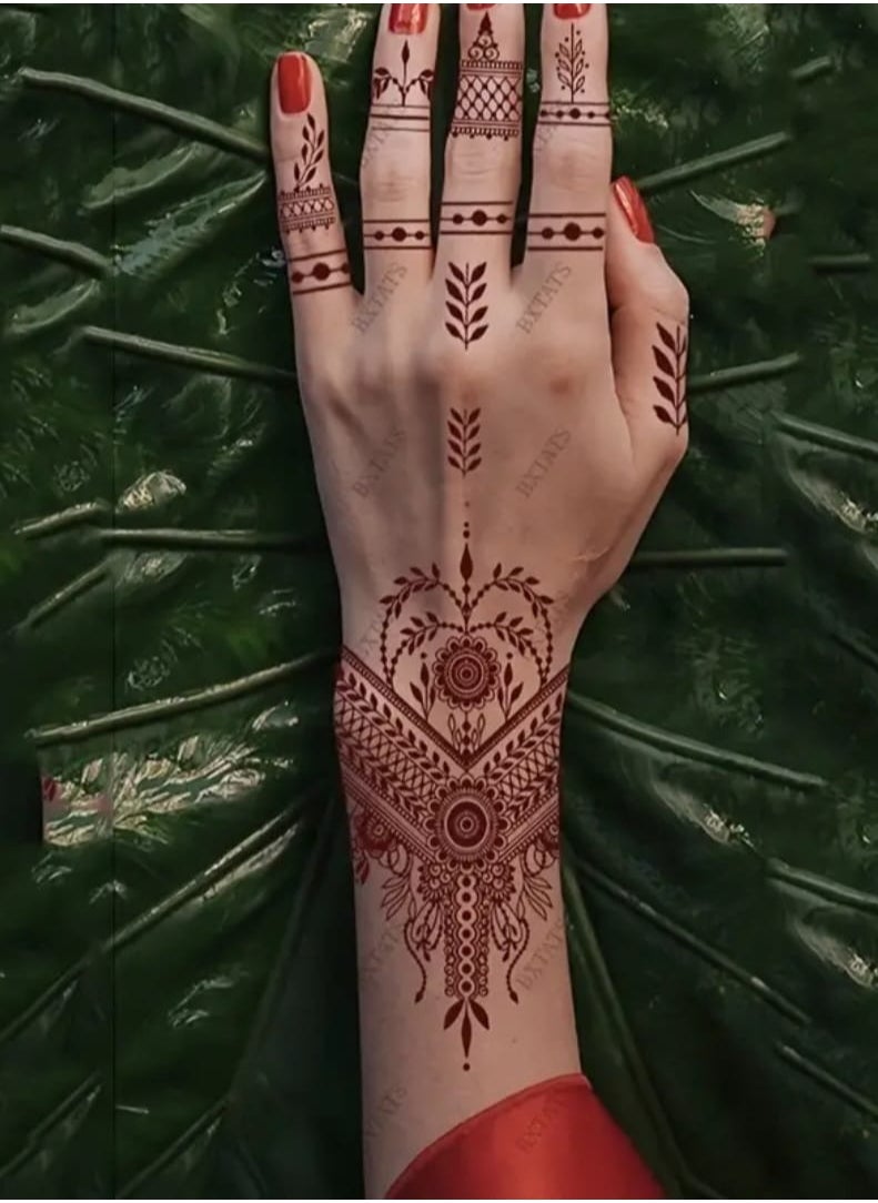 BOLREUS - 4 Pack Red Henna Temporary Tattoos, Lace & Mandala Floral Patterns, Oblong Body Art Stickers For Hands, Chest, Abdomen, Back - Image 1