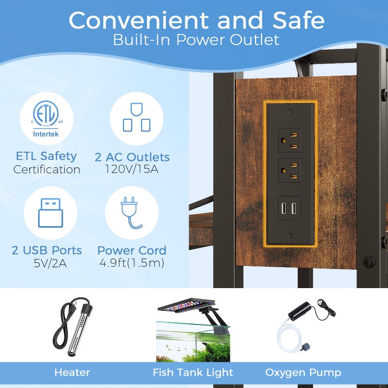 METYERRY 20-29-37 Gallon Fish Tank Stand with Power Outlet,Adjustable Aquarium Stand, Heavy Duty Terrarium Stand,Metal Frame Reptile Turtle Tank Stand Suitable for Home Office,600LBS Capacity, Rustic Brown - Image 4