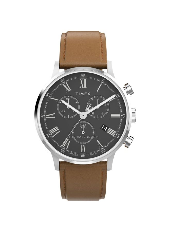 TIMEX Men's Waterbury Classic 40mm Watch - Brown Strap Black Dial Stainless Steel Case, Brown - Image 1