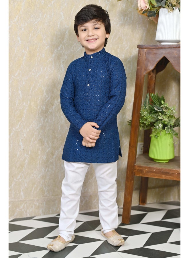 BT DEZINES Boys Blue Chikankari Kurta Pyjama Set - Image 1