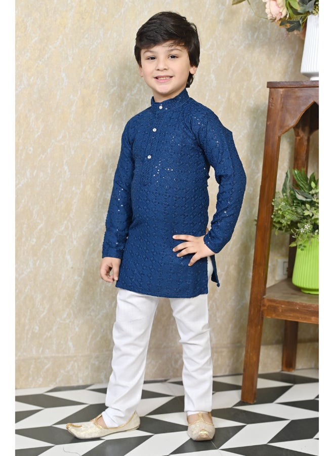 BT DEZINES Boys Blue Chikankari Kurta Pyjama Set - Image 3