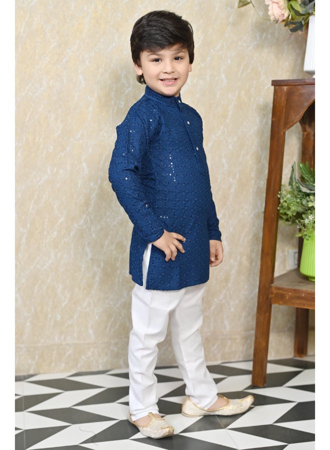 BT DEZINES Boys Blue Chikankari Kurta Pyjama Set - Image 4