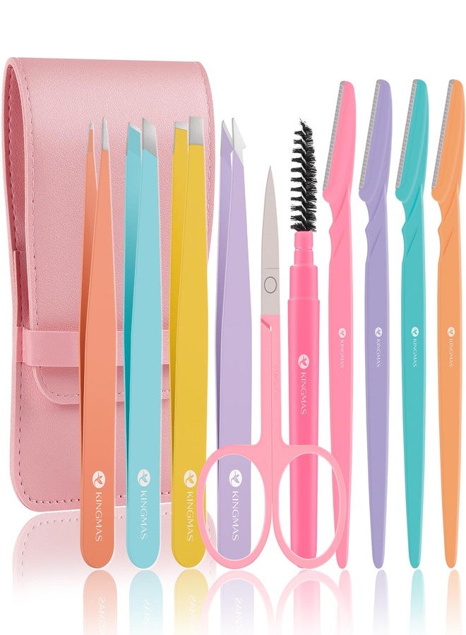 KINGMAS 10Pcs Tweezers Set for Women Facial Hair, Precision Tweezer for Eyebrows with Curved Scissor and Eyebrow Razor for Ingrown Hair with Case - Image 1