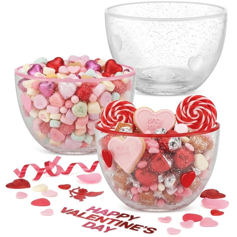 Potchen 3 Pcs Valentine's Day Candy Dish Bowls,14oz Clear Glass Serving Bowls with Heart Icons for Snacks Dessert Cookies Table Decor Office Desk Galentine's Day Party Favors - Image 1