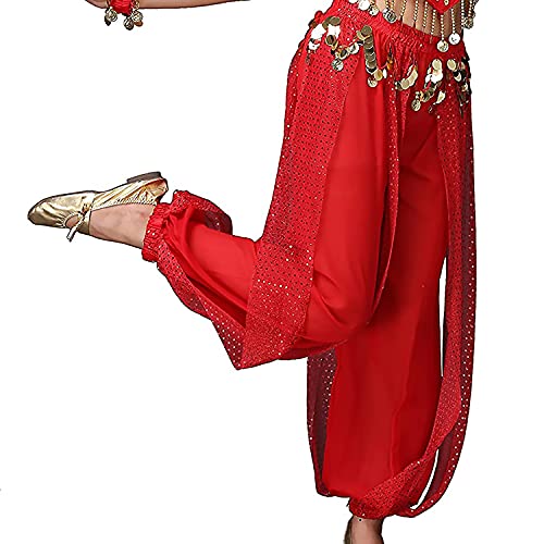 VRITRAZ Belly Dance Harem Pants + Hip Scarf with Ringy Golden Coins Fancy Pants (Red) | Women's Chiffon Oriental Dance Costume Set for Stage Performance, Zumba & Fancy Dres - Image 5