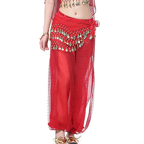 VRITRAZ Belly Dance Harem Pants + Hip Scarf with Ringy Golden Coins Fancy Pants (Red) | Women's Chiffon Oriental Dance Costume Set for Stage Performance, Zumba & Fancy Dres - Image 1