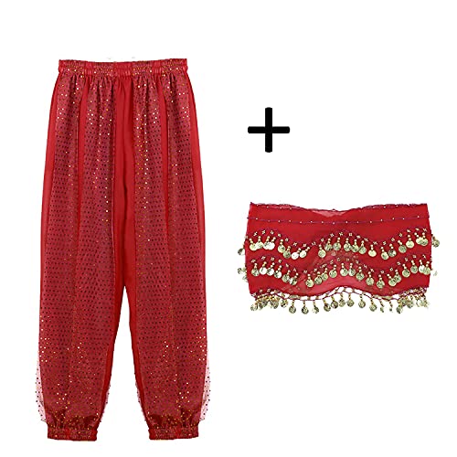 VRITRAZ Belly Dance Harem Pants + Hip Scarf with Ringy Golden Coins Fancy Pants (Red) | Women's Chiffon Oriental Dance Costume Set for Stage Performance, Zumba & Fancy Dres - Image 2