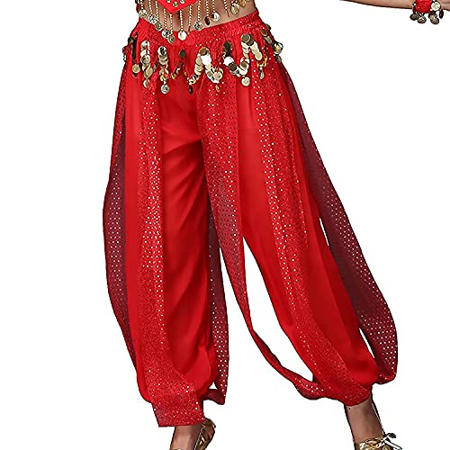 VRITRAZ Belly Dance Harem Pants + Hip Scarf with Ringy Golden Coins Fancy Pants (Red) | Women's Chiffon Oriental Dance Costume Set for Stage Performance, Zumba & Fancy Dres - Image 4