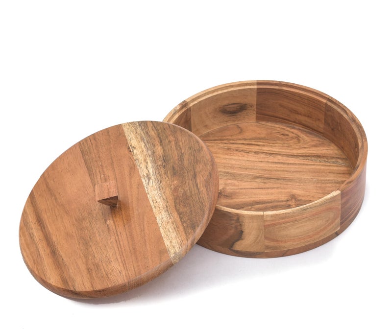 OGGN Natural Acacia Wood Casserole with Lid, Handcrafted Wooden Chapati Box, Round Roti Dabba for Kitchen, Hot Case, Keeps Food Hot for Long Time, (22.86 X 22.86 Cm) - Image 3