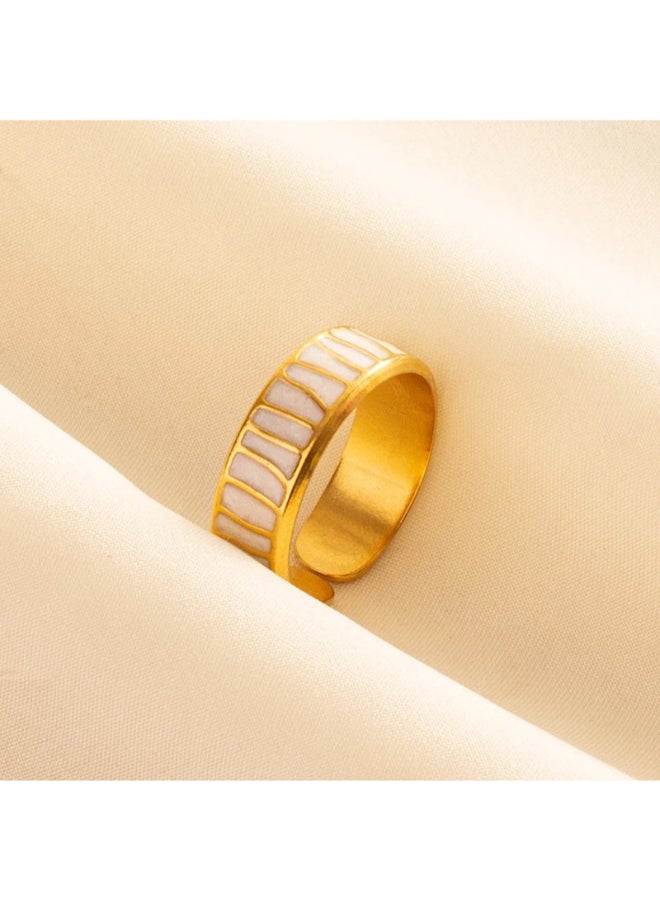 The Black Pearl Accessories Free Size Stainless Steel Golden Ring With White Enamel 