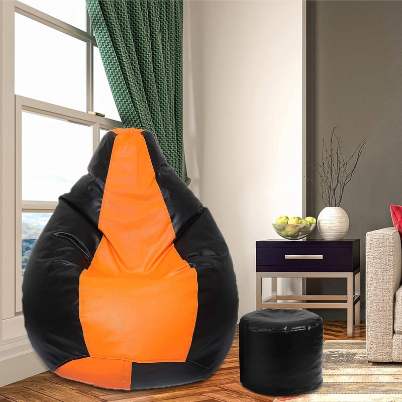 Generic LEXAVI Brand XXXL Combo Prefilled Bean Bag with Footrest Filled with Beans Black Orange  - Image 1