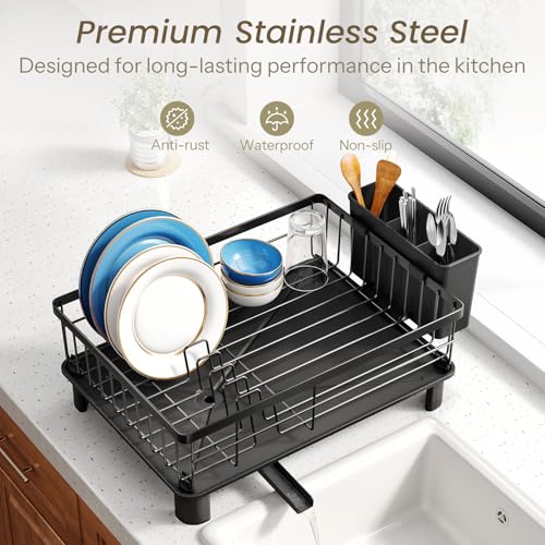 SNTD Dish Drying Rack - Small Dish Rack for Kitchen Counter, Stainless Steel Dish Drainer with Utensil Holder and Drainboard (Black) - Image 5