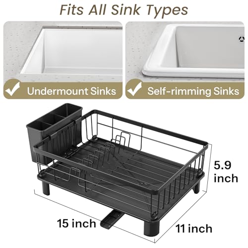 SNTD Dish Drying Rack - Small Dish Rack for Kitchen Counter, Stainless Steel Dish Drainer with Utensil Holder and Drainboard (Black) - Image 3