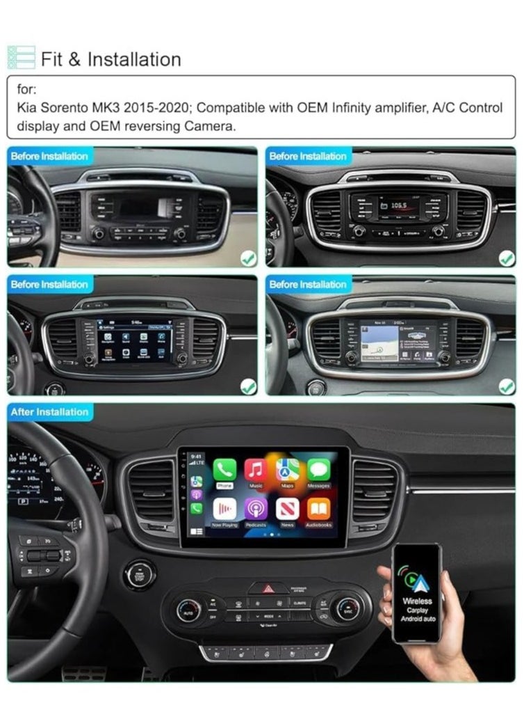 Vierex - Android Car Stereo Screen For Kia Sorento MK3 2015-2020 Support Apple Carplay Android Auto Wireless 4GB RAM Fast Interface AHD Camera Included SIM Card Bluetooth USB Video Radio Camera Included - Image 1