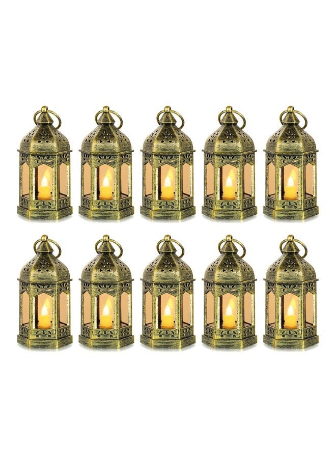 Romadedi 10pcs Mini Lanterns Decorative for Centerpiece Hanging Small Gold Lantern Bulk with Flickering LED Candles for Halloween Decorations, Wedding Decor, Christmas Table, Batteries Included - Image 1