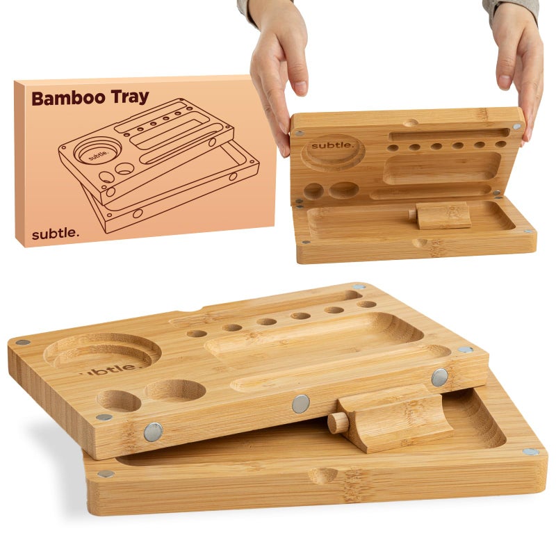 Subtle Foldable Bamboo Tray with Magnetic Lid - Durable, Easy to Clean - Portable, Perfect for Home Storage or Travel, Decorative-Tray - Gifts for Him - 8.5" x 5" - Image 1