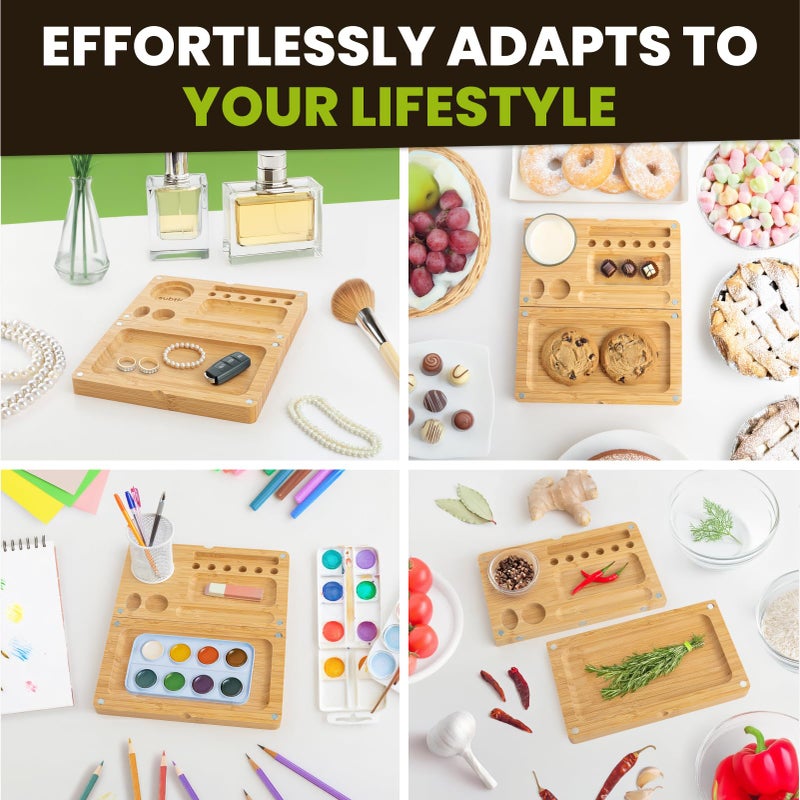 Subtle Foldable Bamboo Tray with Magnetic Lid - Durable, Easy to Clean - Portable, Perfect for Home Storage or Travel, Decorative-Tray - Gifts for Him - 8.5" x 5" - Image 5