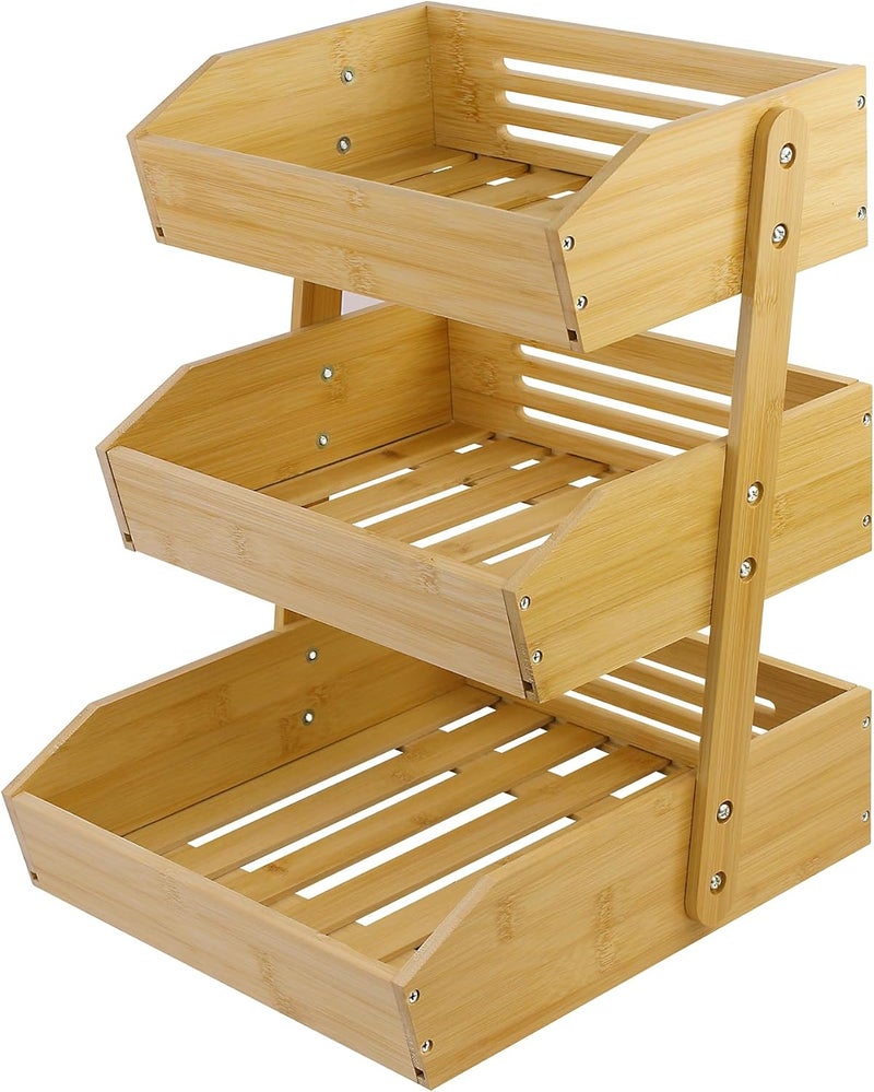 mobzio سلة فواكه لكونتر المطبخ 3 طبقات حامل فواكه تخزين فواكه وخضروات وعاء فواكه لكونتر المطبخ سلة عرض كبيرة من الخيزران حامل فواكه سلة إنتاج - Image 1