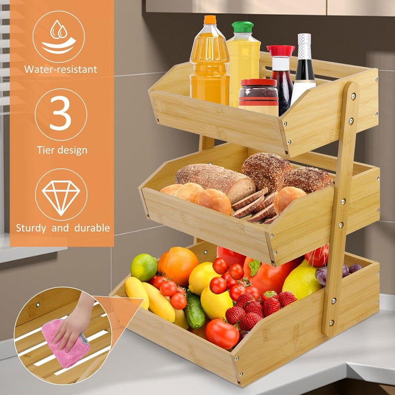 mobzio سلة فواكه لكونتر المطبخ 3 طبقات حامل فواكه تخزين فواكه وخضروات وعاء فواكه لكونتر المطبخ سلة عرض كبيرة من الخيزران حامل فواكه سلة إنتاج - Image 3