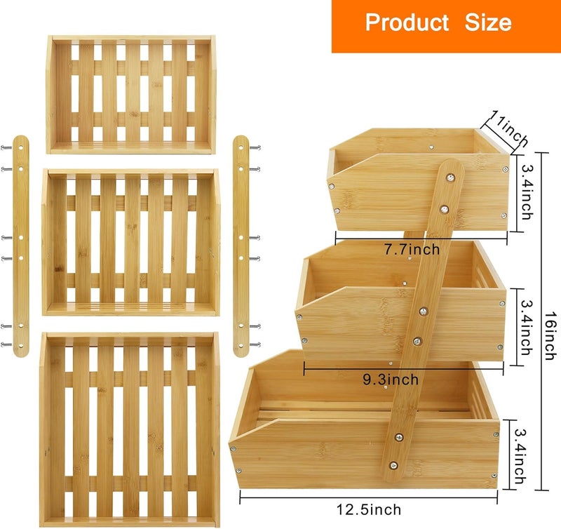 mobzio سلة فواكه لكونتر المطبخ 3 طبقات حامل فواكه تخزين فواكه وخضروات وعاء فواكه لكونتر المطبخ سلة عرض كبيرة من الخيزران حامل فواكه سلة إنتاج - Image 4