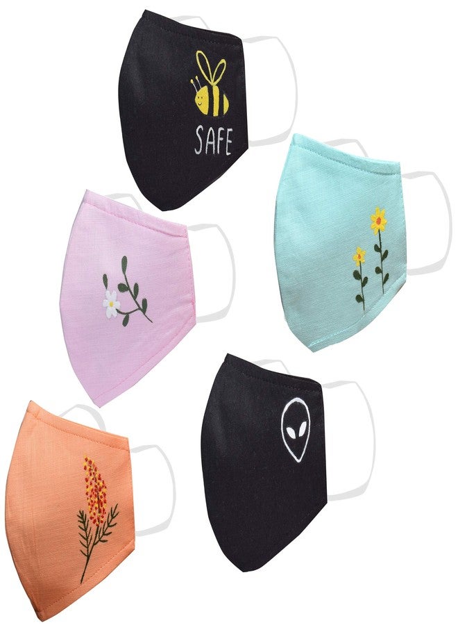 KUNDAN Pure Cotton Hand Painted Reusable Washable Anti Pollution 3 Layer Face Mask (Multicolour, Without Valve, Pack of 5) for Unisex - Image 1