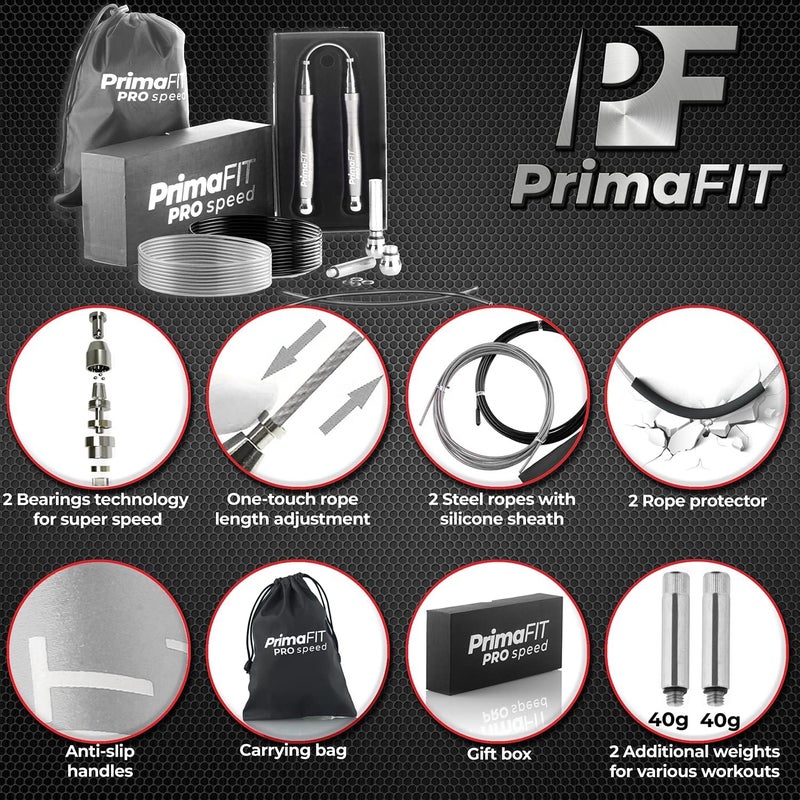 PrimaFit Jump Rope Pro Speed Skipping Rope Adjustable Adult Jumping Rope Weighted Aluminium Handles for Double Dutch Boxing Workout Crossfit Exercise Fitness Spare Cable Weights Protectors Carry Bag - Image 2